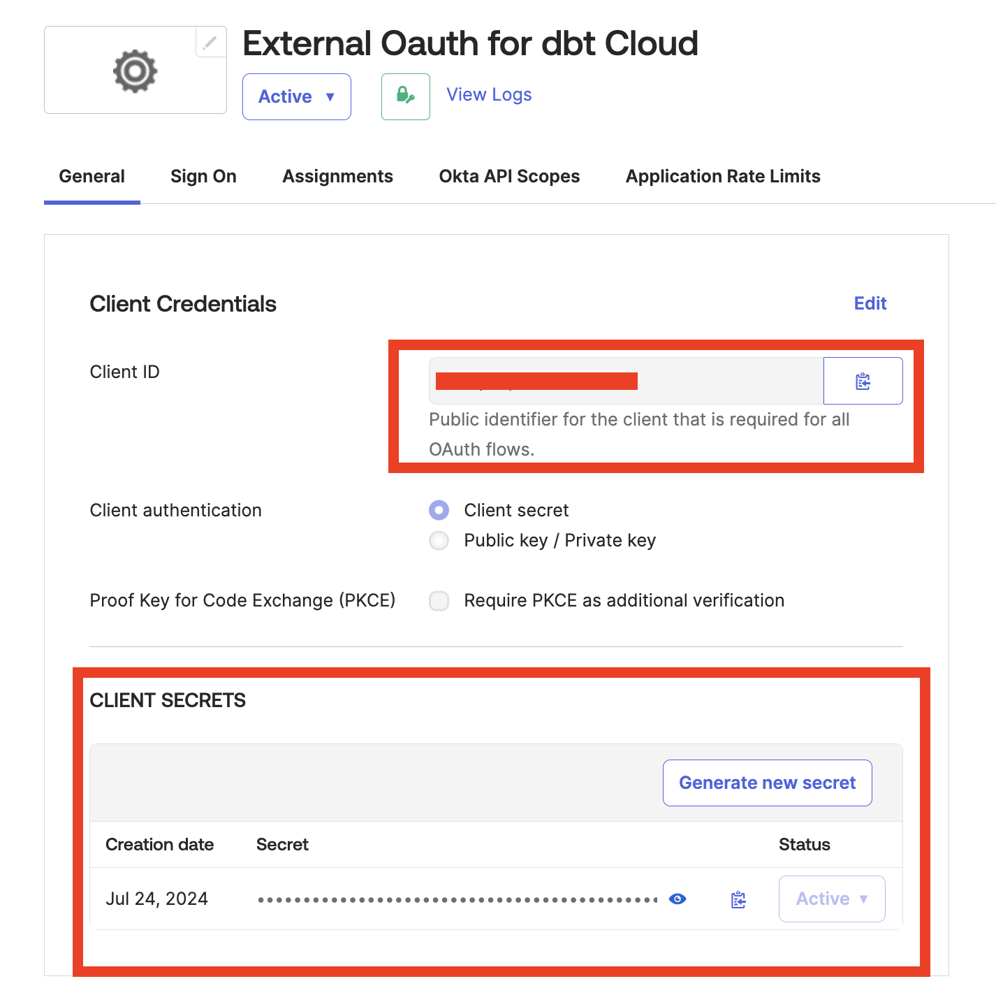 TThe client ID and secret highlighted in the Okta app TThe client ID and secret highlighted in the Okta app